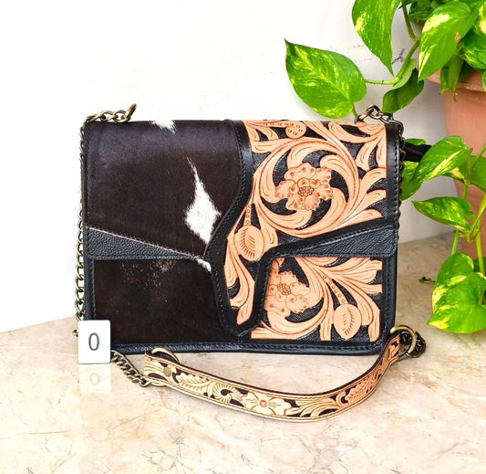 Western Cowhide Crossbody Bag – Hand Tooled Leather Handbag with Chain Strap, Matching Purse Option - JayKayBoutiqueOnline