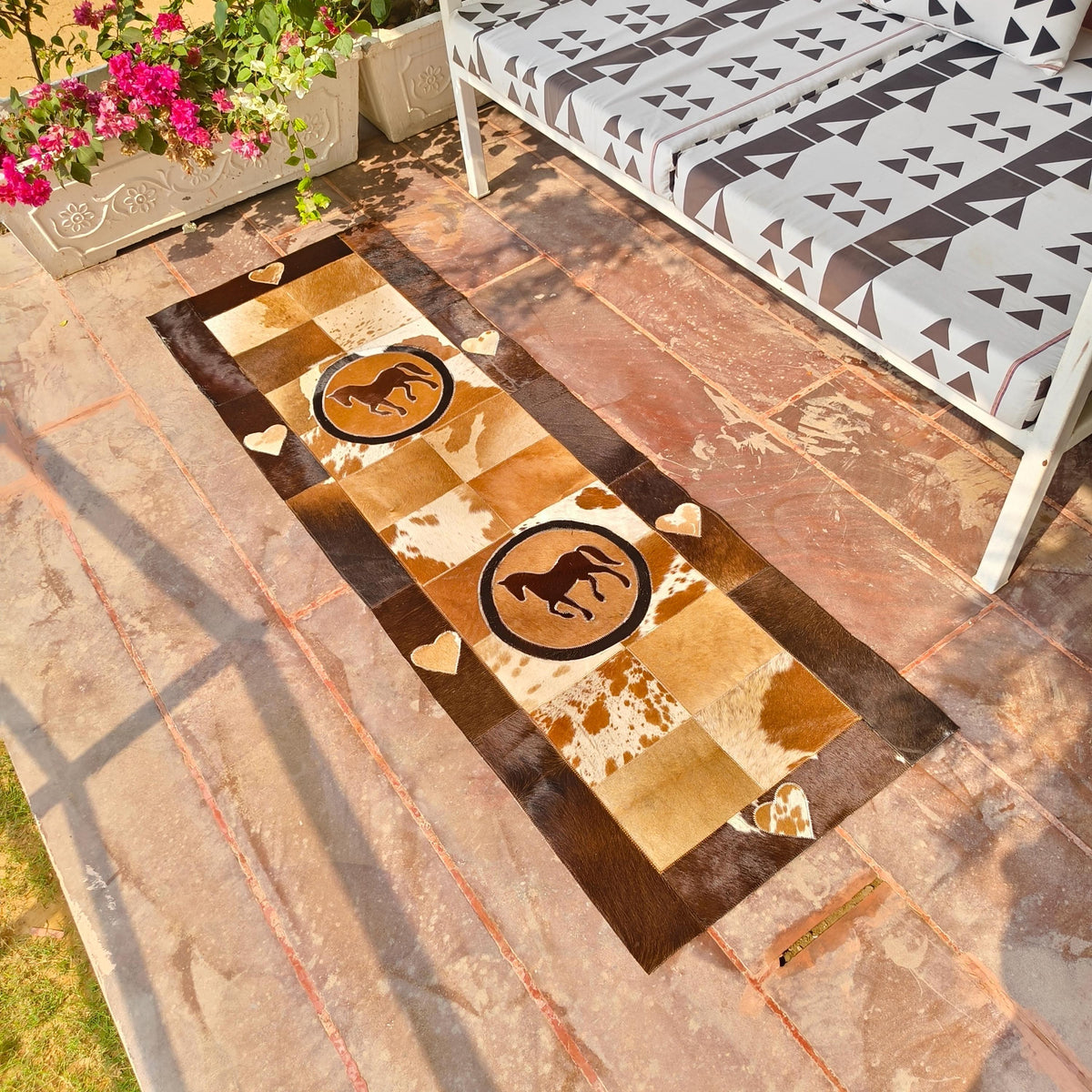 Patchwork Cowhide Runner Rug, Horse or Longhorn Design, Rustic Farmhouse Decor (8' x 2') - JayKayBoutiqueOnline