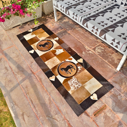 Patchwork Cowhide Runner Rug, Horse or Longhorn Design, Rustic Farmhouse Decor (8' x 2') - JayKayBoutiqueOnline