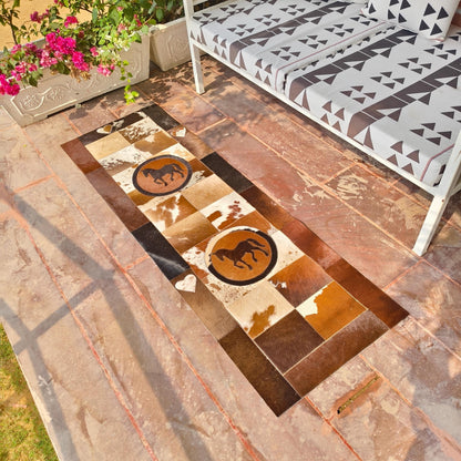Patchwork Cowhide Runner Rug, Horse or Longhorn Design, Rustic Farmhouse Decor (8' x 2') - JayKayBoutiqueOnline