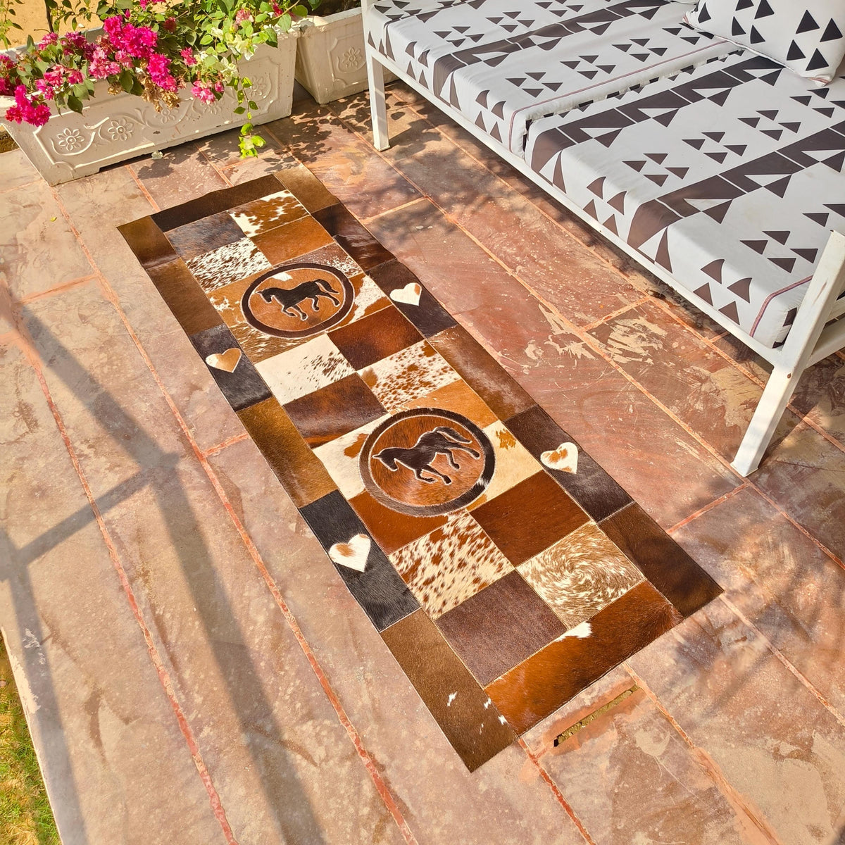 Patchwork Cowhide Runner Rug, Horse or Longhorn Design, Rustic Farmhouse Decor (8' x 2') - JayKayBoutiqueOnline
