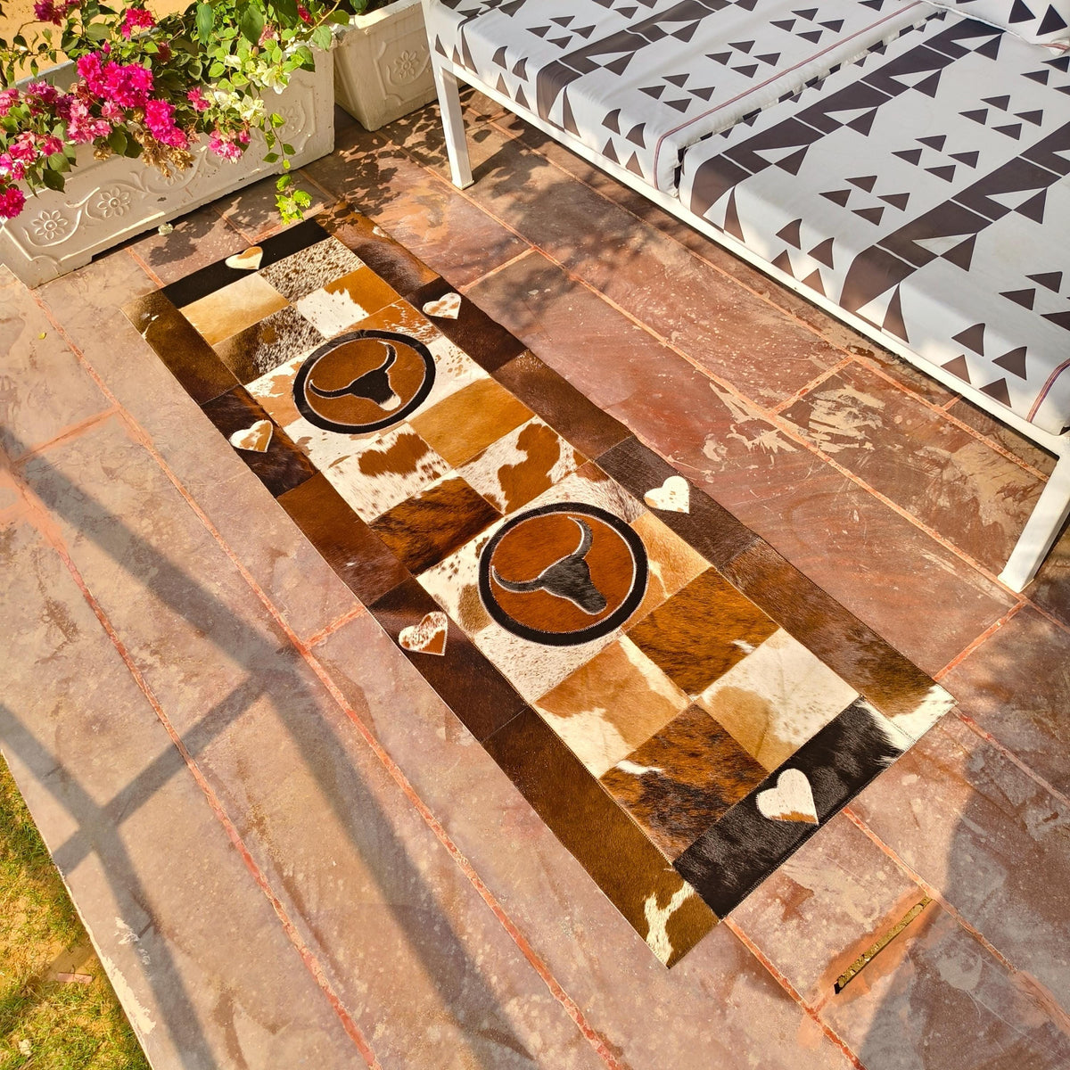 Patchwork Cowhide Runner Rug, Horse or Longhorn Design, Rustic Farmhouse Decor (8' x 2') - JayKayBoutiqueOnline