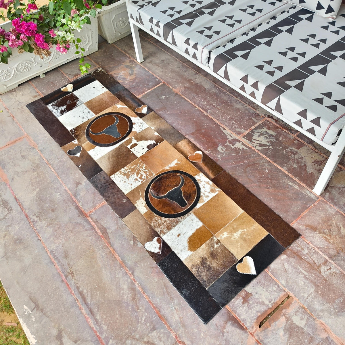 Patchwork Cowhide Runner Rug, Horse or Longhorn Design, Rustic Farmhouse Decor (8' x 2') - JayKayBoutiqueOnline