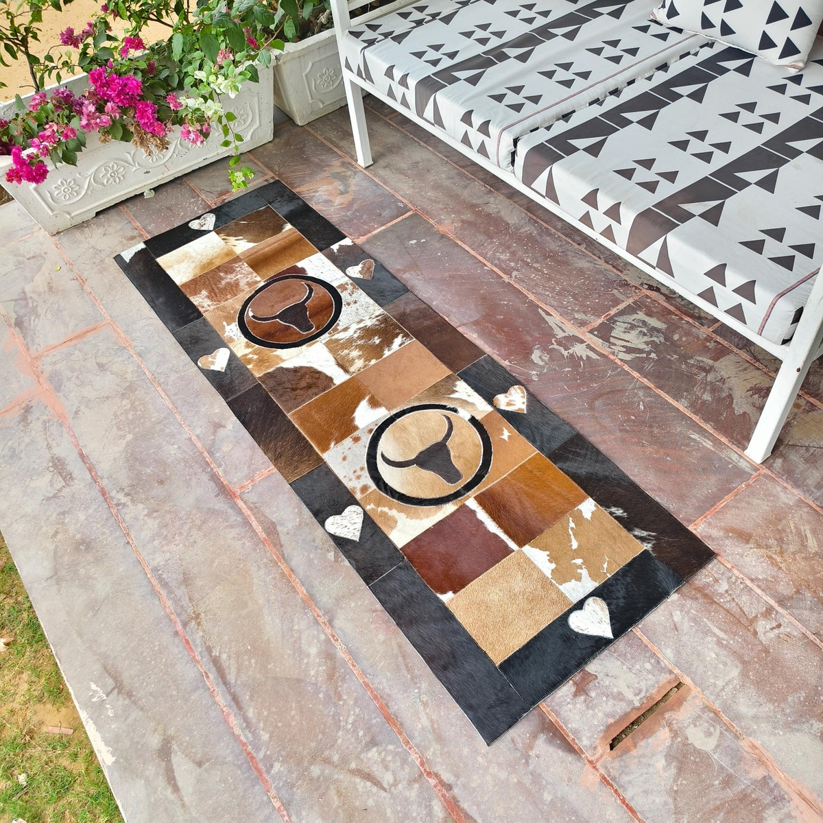 Patchwork Cowhide Runner Rug, Horse or Longhorn Design, Rustic Farmhouse Decor (8' x 2') - JayKayBoutiqueOnline