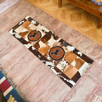 Patchwork Cowhide Runner Rug, Horse or Longhorn Design, Rustic Farmhouse Decor (8' x 2') - JayKayBoutiqueOnline