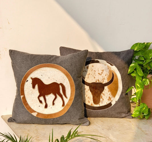 Cowhide Cushion Cover Horse Longhorn Cow Design 40x40cm - JayKayBoutiqueOnline