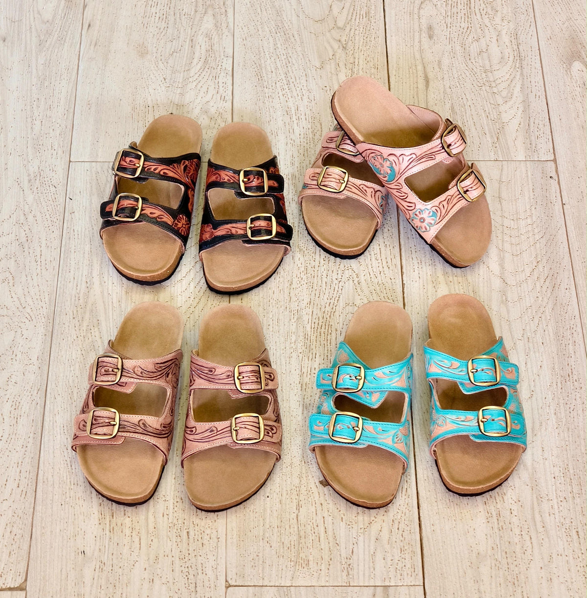 Hand Tooled Leather Sandals – Western Two Strap Sandals with Brass Buckles, Cork Sole, Handmade Leather Slides - JayKayBoutiqueOnline