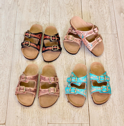 Hand Tooled Leather Sandals – Western Two Strap Sandals with Brass Buckles, Cork Sole, Handmade Leather Slides - JayKayBoutiqueOnline