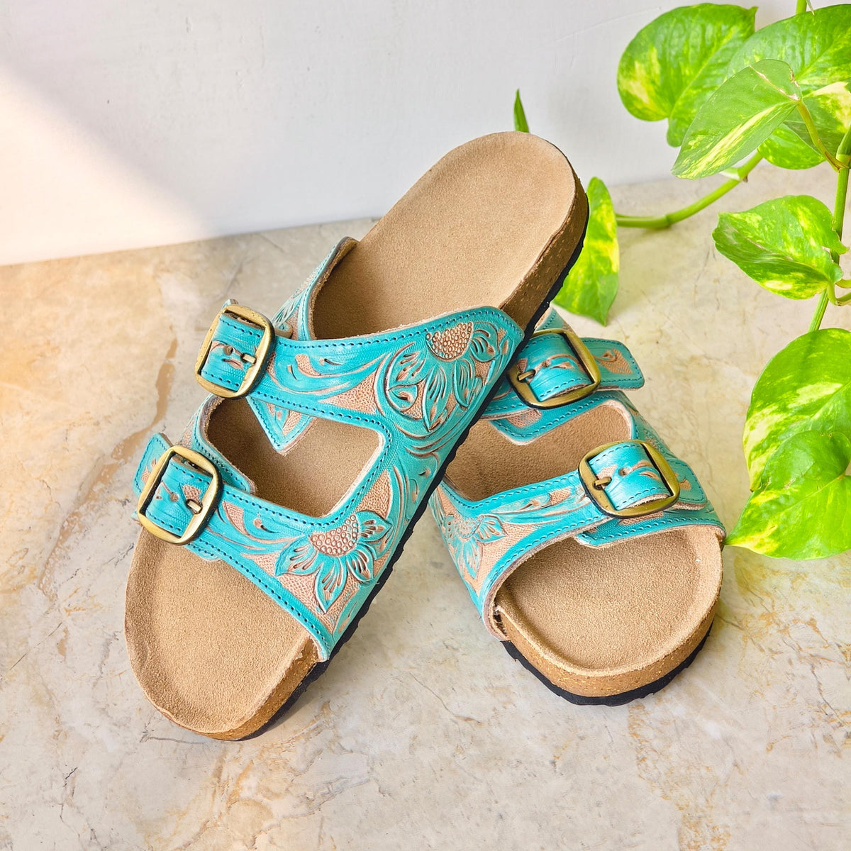 Hand Tooled Leather Sandals – Western Two Strap Sandals with Brass Buckles, Cork Sole, Handmade Leather Slides - JayKayBoutiqueOnline