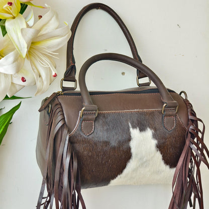 Western Cowhide & Leather Barrel Bag – Fringe Handbag - JayKayBoutiqueOnline
