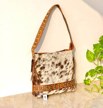 Cowhide Shoulder Bag – Western Leather Handbag with Studded Detail, Handmade Leather Strap & Tassels - JayKayBoutiqueOnline