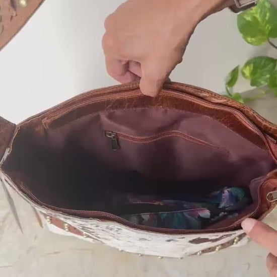 Cowhide Shoulder Bag – Western Leather Handbag with Studded Detail, Handmade Leather Strap & Tassels