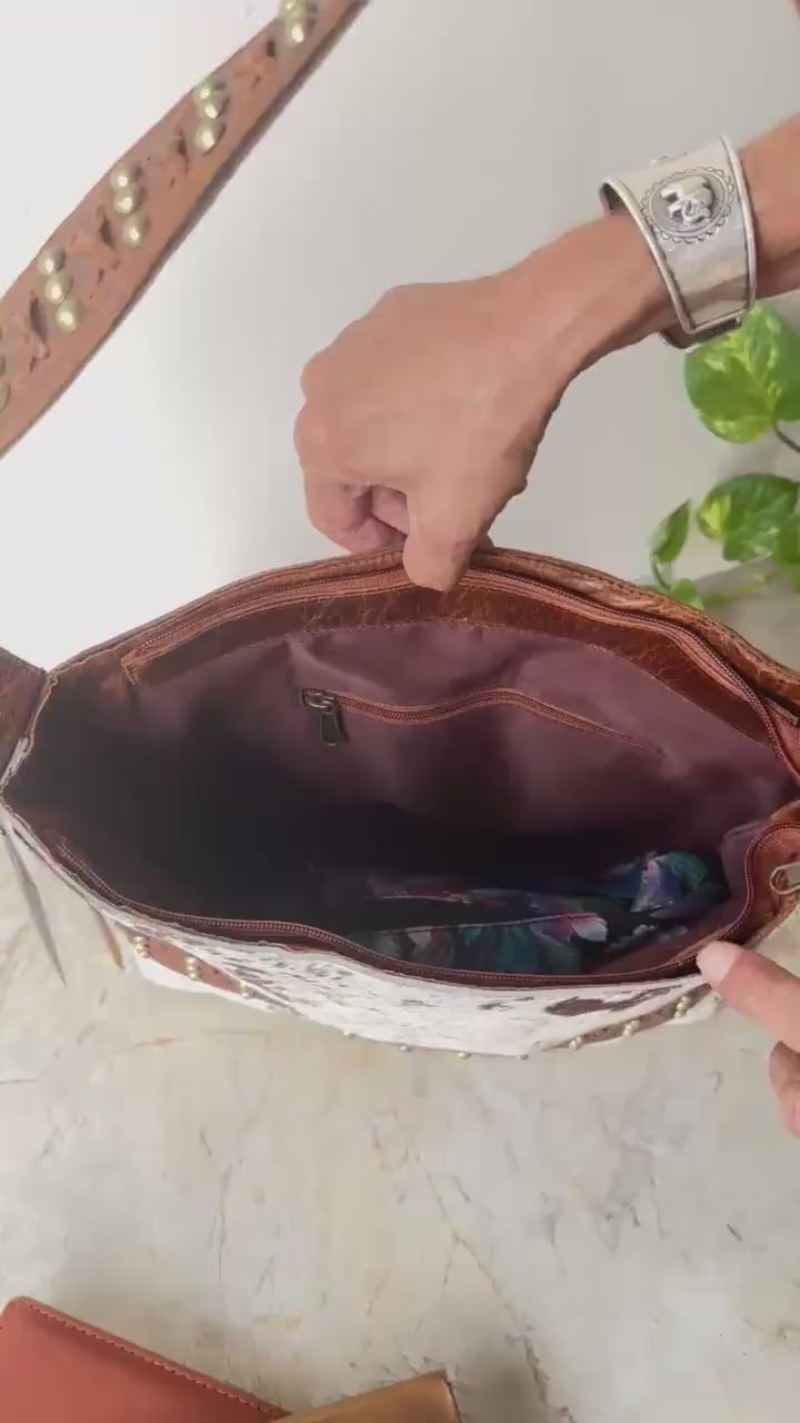 Cowhide Shoulder Bag – Western Leather Handbag with Studded Detail, Handmade Leather Strap & Tassels