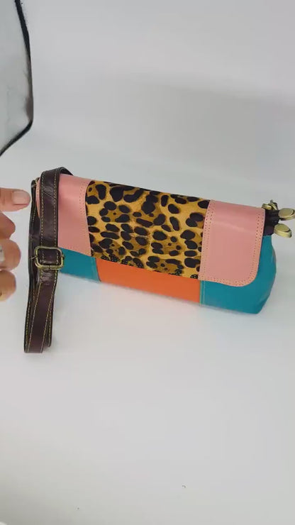 Colour Block Recycled Leather Crossbody Clutch Bag