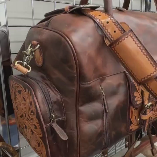 Western Style Leather Duffel | Weekender Travel Bag | Hand Tooled Leather Duffel | Leather Gym Bag | Large Weekender Bag | Valentines Gift |