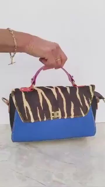 Coloured Leather Top Handle Leather Handbag with Animal Print Hide Options