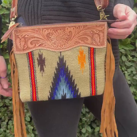 Hand Carved Leather Fringed Kilim Blanket Bag
