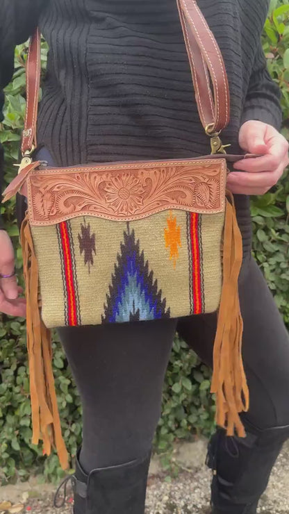 Hand Carved Leather Fringed Kilim Blanket Bag