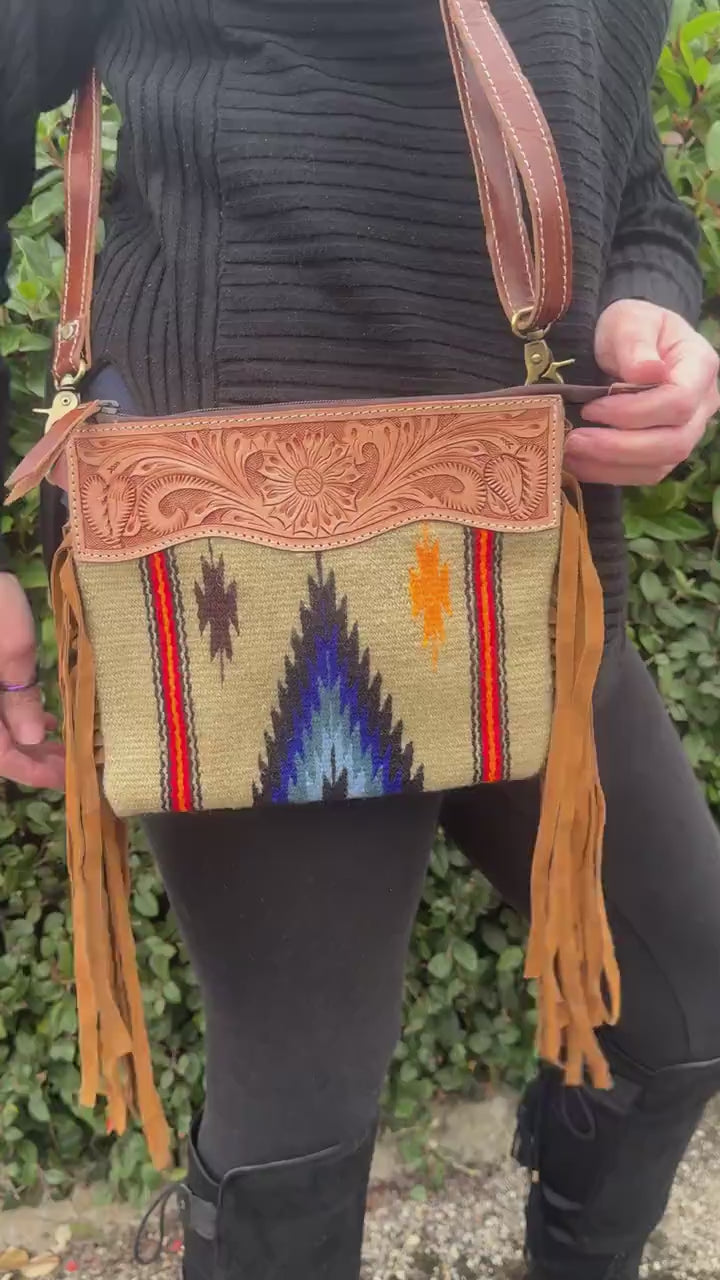 Hand Carved Leather Fringed Kilim Blanket Bag