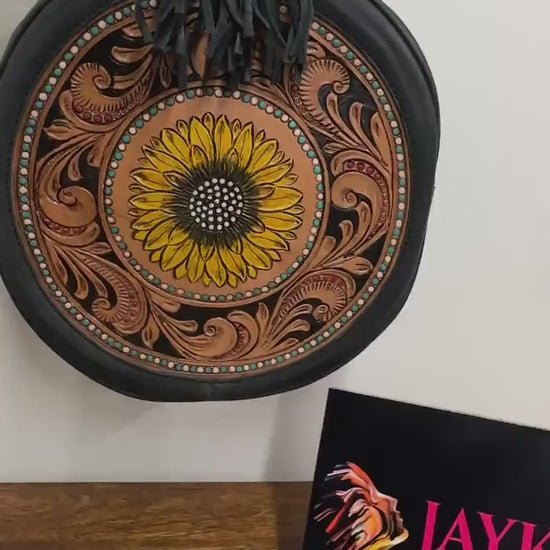 Hand Tooled Leather Sunflower Round Bag