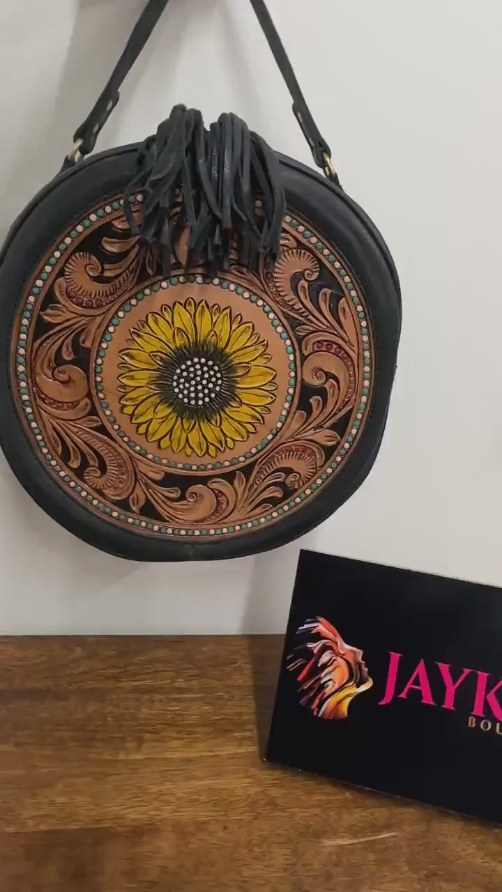 Hand Tooled Leather Sunflower Round Bag