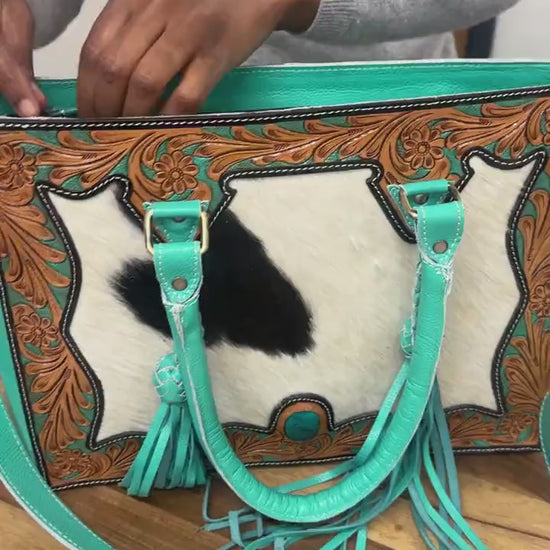 Hand Tooled Leather Tote Bag: Turquoise Western Cowgirl Tassel Bag