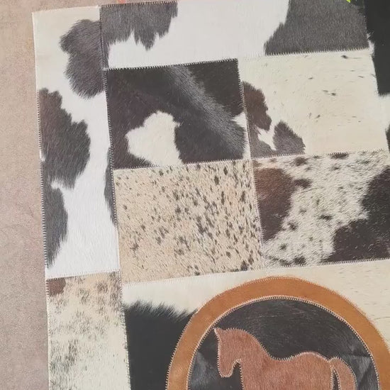 Patchwork Cowhide Runner Rug, Horse or Longhorn Design, Rustic Farmhouse Decor (8' x 2')