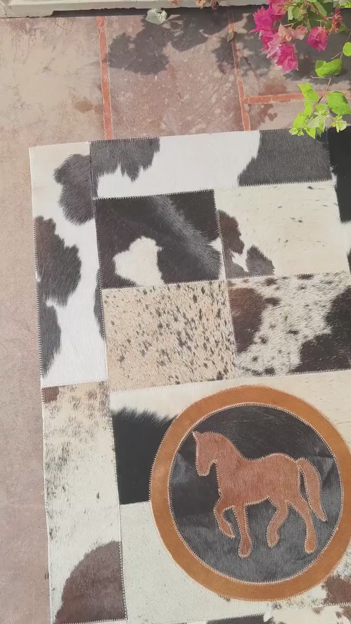 Patchwork Cowhide Runner Rug, Horse or Longhorn Design, Rustic Farmhouse Decor (8' x 2')