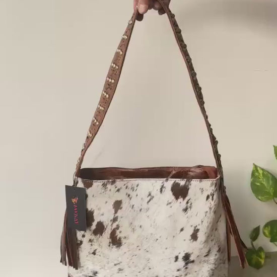 Cowhide Shoulder Bag – Western Leather Handbag with Studded Detail, Handmade Leather Strap & Tassels