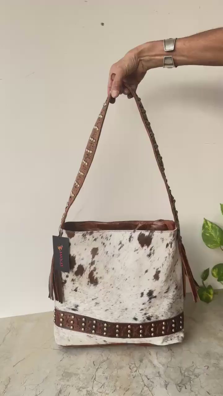 Cowhide Shoulder Bag – Western Leather Handbag with Studded Detail, Handmade Leather Strap & Tassels