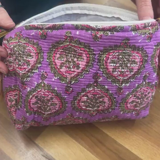 3 Piece Printed Cotton Quilted Makeup Bath Toiletry Bag Set