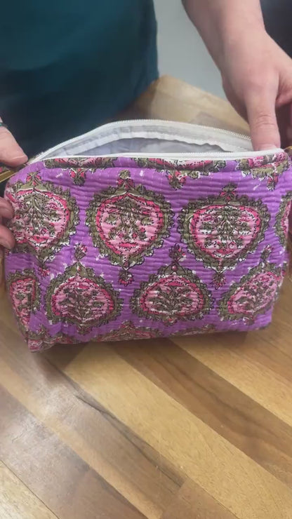 3 Piece Printed Cotton Quilted Makeup Bath Toiletry Bag Set