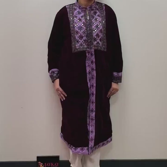 Velvet Long Coat with Mirror Work