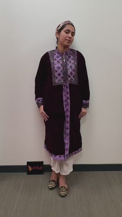 Velvet Long Coat with Mirror Work