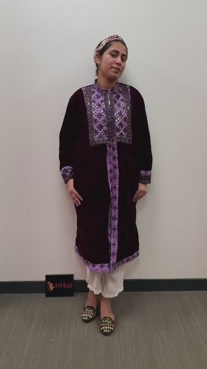 Velvet Long Coat with Mirror Work