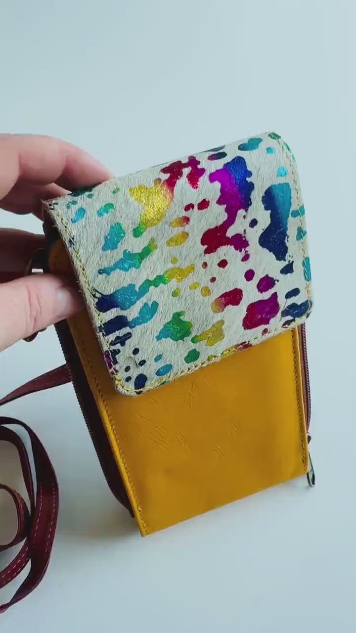Coloured Leather Crossbody Phone Bag with Hide