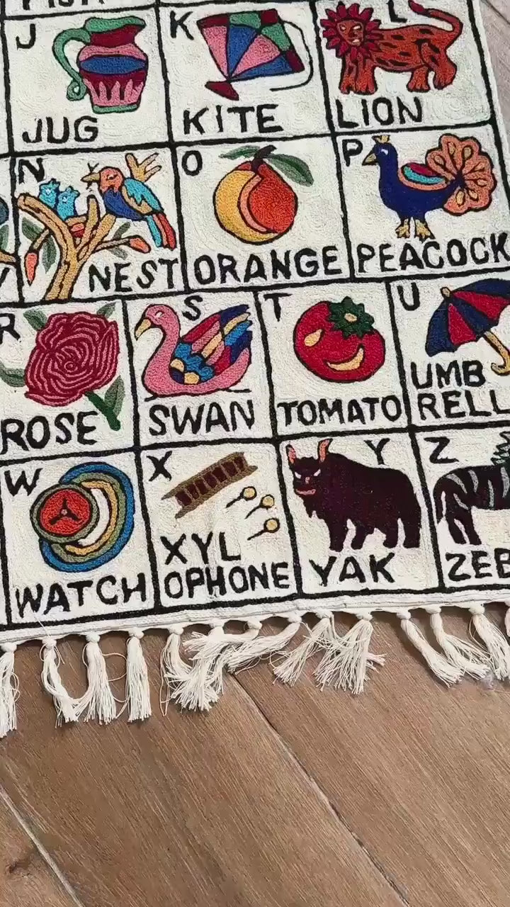 Handmade Arabic Alphabet Tapestry Wall Hanging with Animal Embroidery