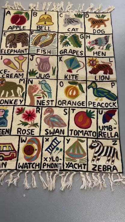 Handwoven Wool ABC Tapestry: Nursery Wall Hanging with Animal Embroidery Nursery Rug