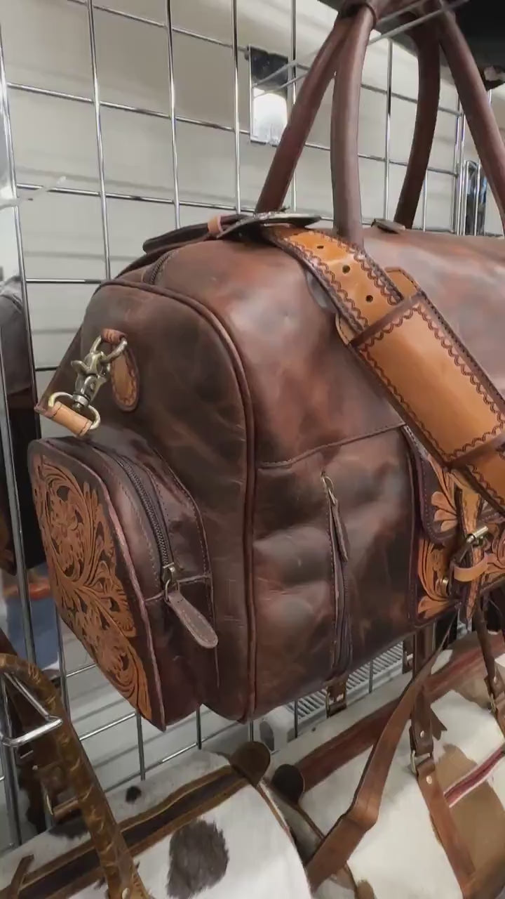 Western Style Leather Duffel | Weekender Travel Bag | Hand Tooled Leather Duffel | Leather Gym Bag | Large Weekender Bag | Valentines Gift |