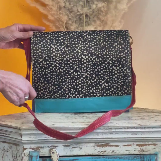 Recycled Leather Messenger Bag, Animal Print Cowhide Crossbody, iPad Tablet Satchel
