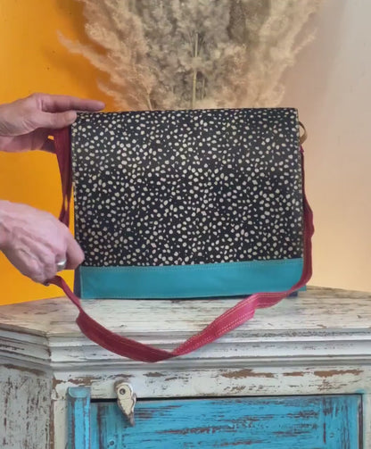 Recycled Leather Messenger Bag, Animal Print Cowhide Crossbody, iPad Tablet Satchel