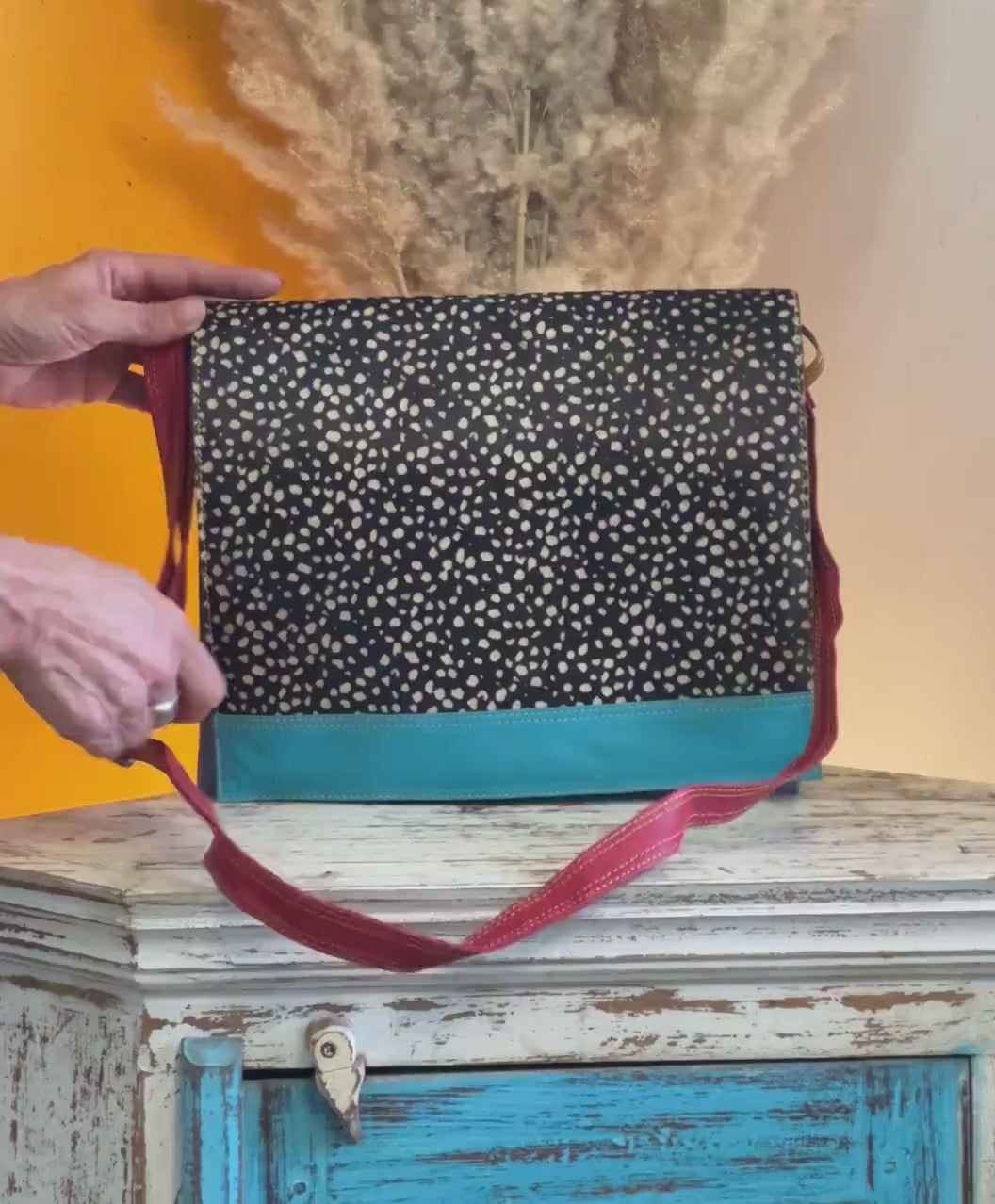 Recycled Leather Messenger Bag, Animal Print Cowhide Crossbody, iPad Tablet Satchel