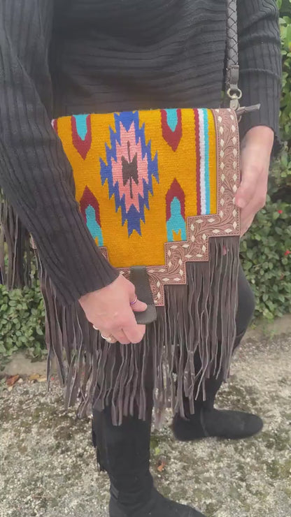 Leather Tassle Kilim Blanket Large Fringed Bag
