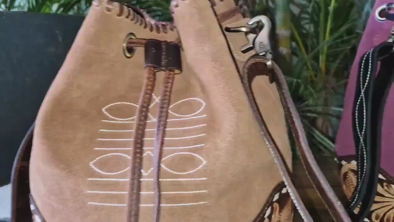 Hand Tooled Leather and Suede Bucket Bag