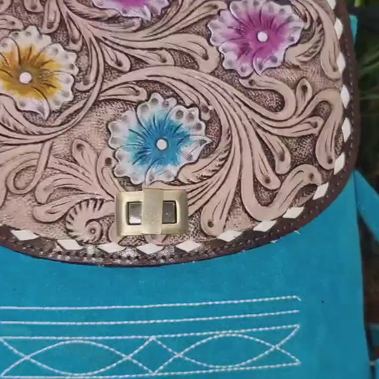 Hand-Tooled Leather Backpack: Suede Convertible Bag with Western Boot Stitch