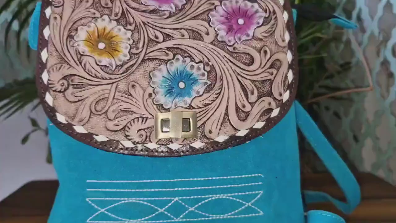 Hand-Tooled Leather Backpack: Suede Convertible Bag with Western Boot Stitch
