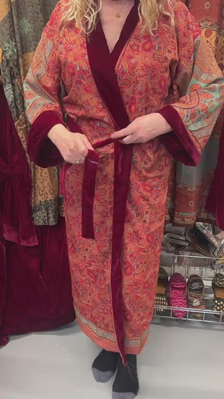 Reversible Recycled Saree and Velvet Robe House Coat