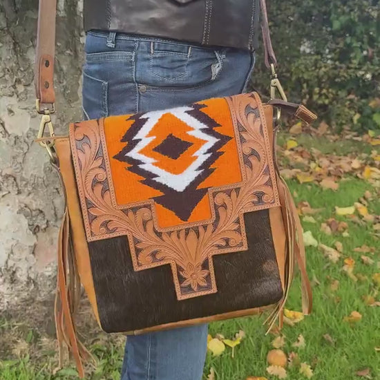 Hand Carved Leather Cowhide Shoulder Bag