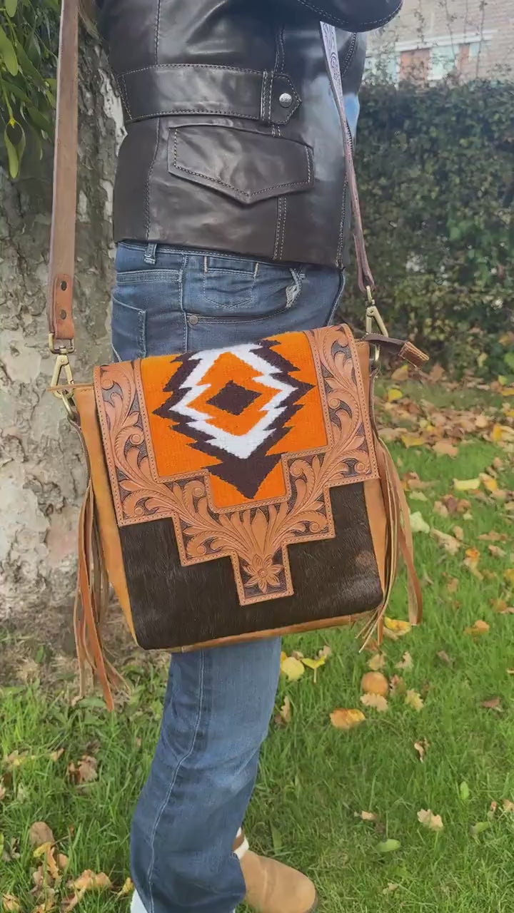 Hand Carved Leather Cowhide Shoulder Bag