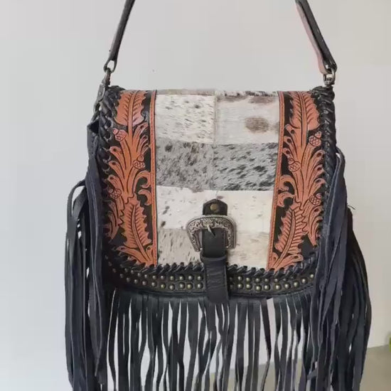Western Cowhide Fringe Bag – Hand Tooled Leather Crossbody Handbag